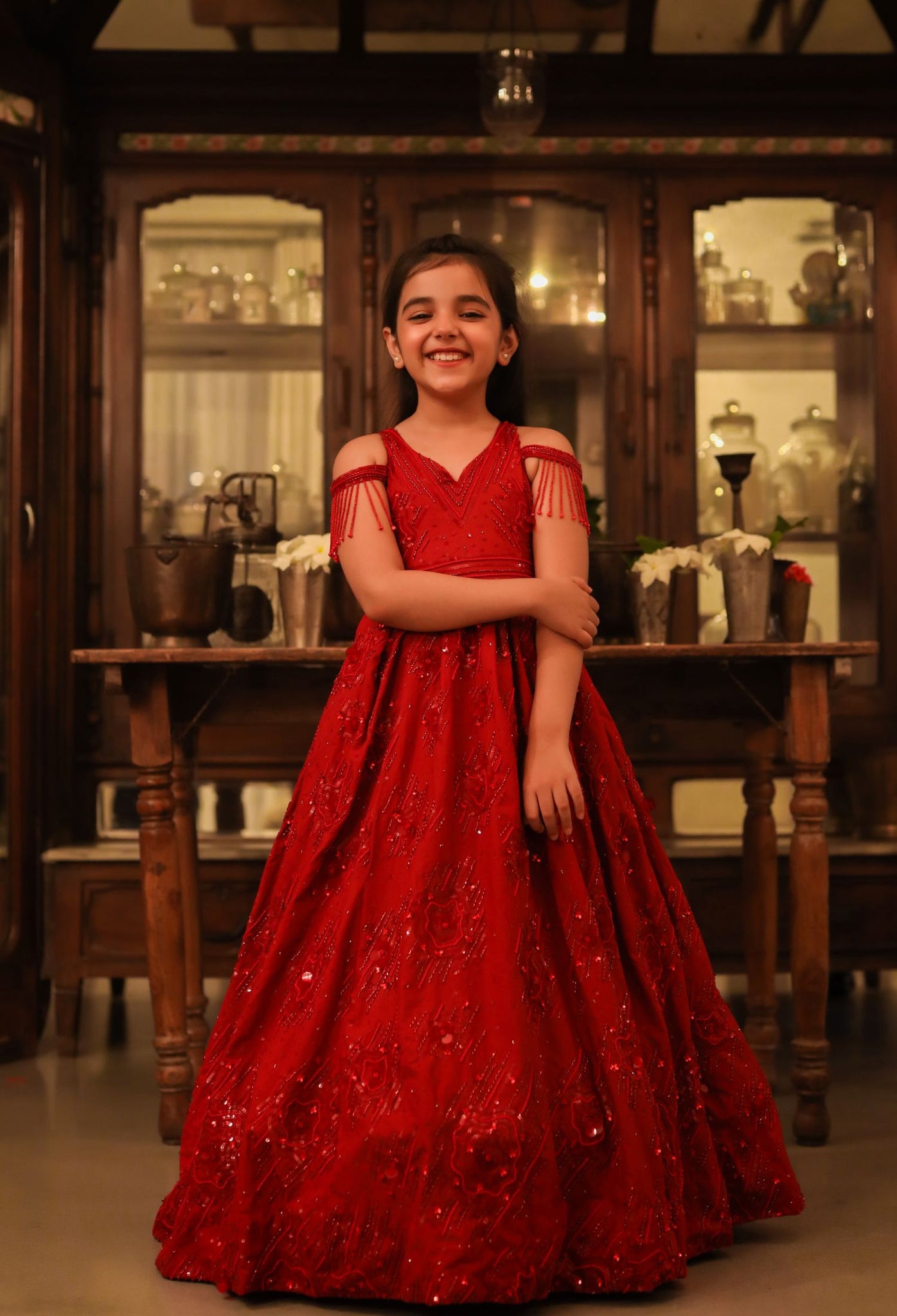 Surkh - V- Neck Embroidered Ball Gown For Girls