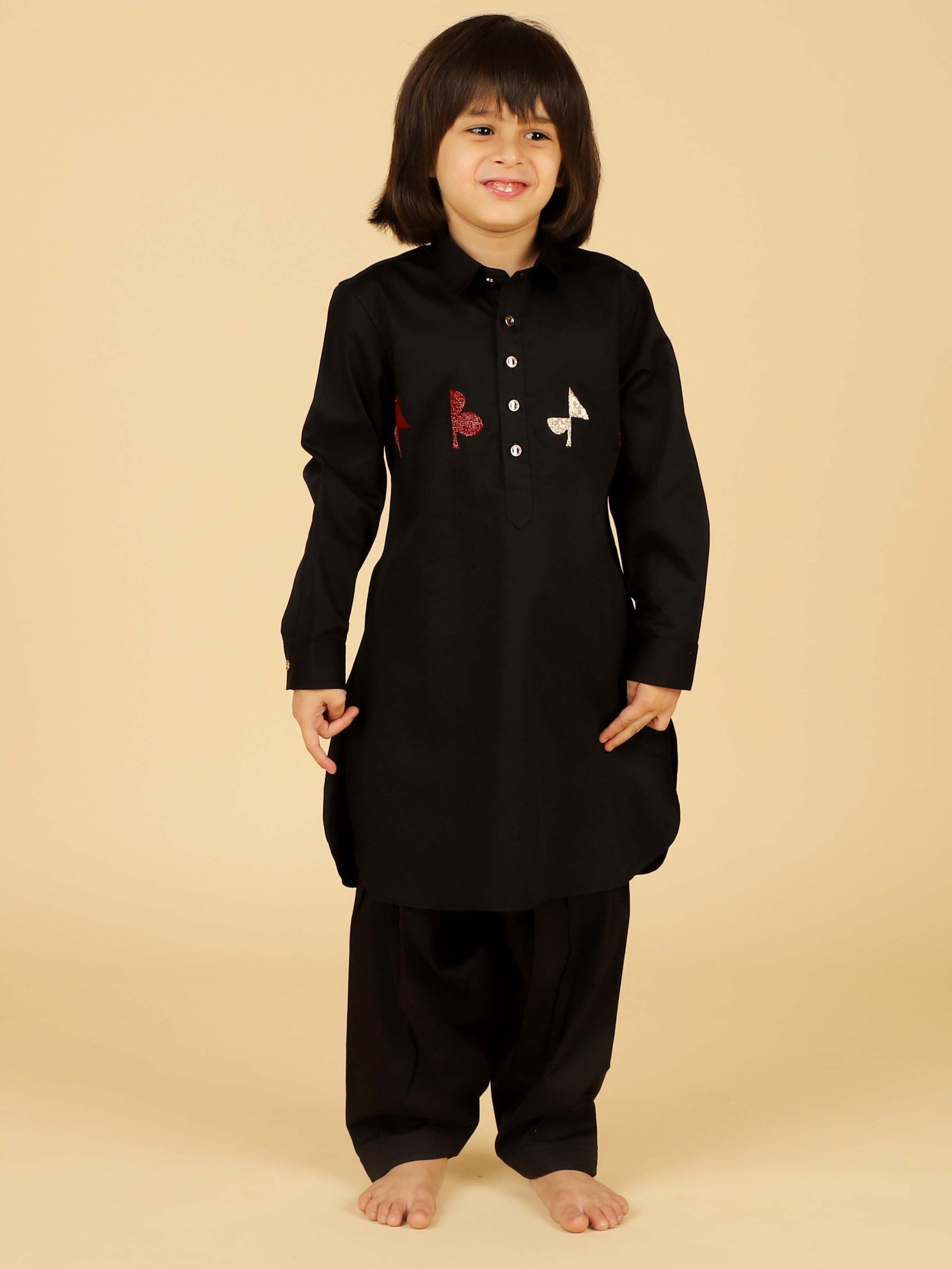 BLACK PATHANI WITH SHALWAR AND CHEST EMBROIDERY