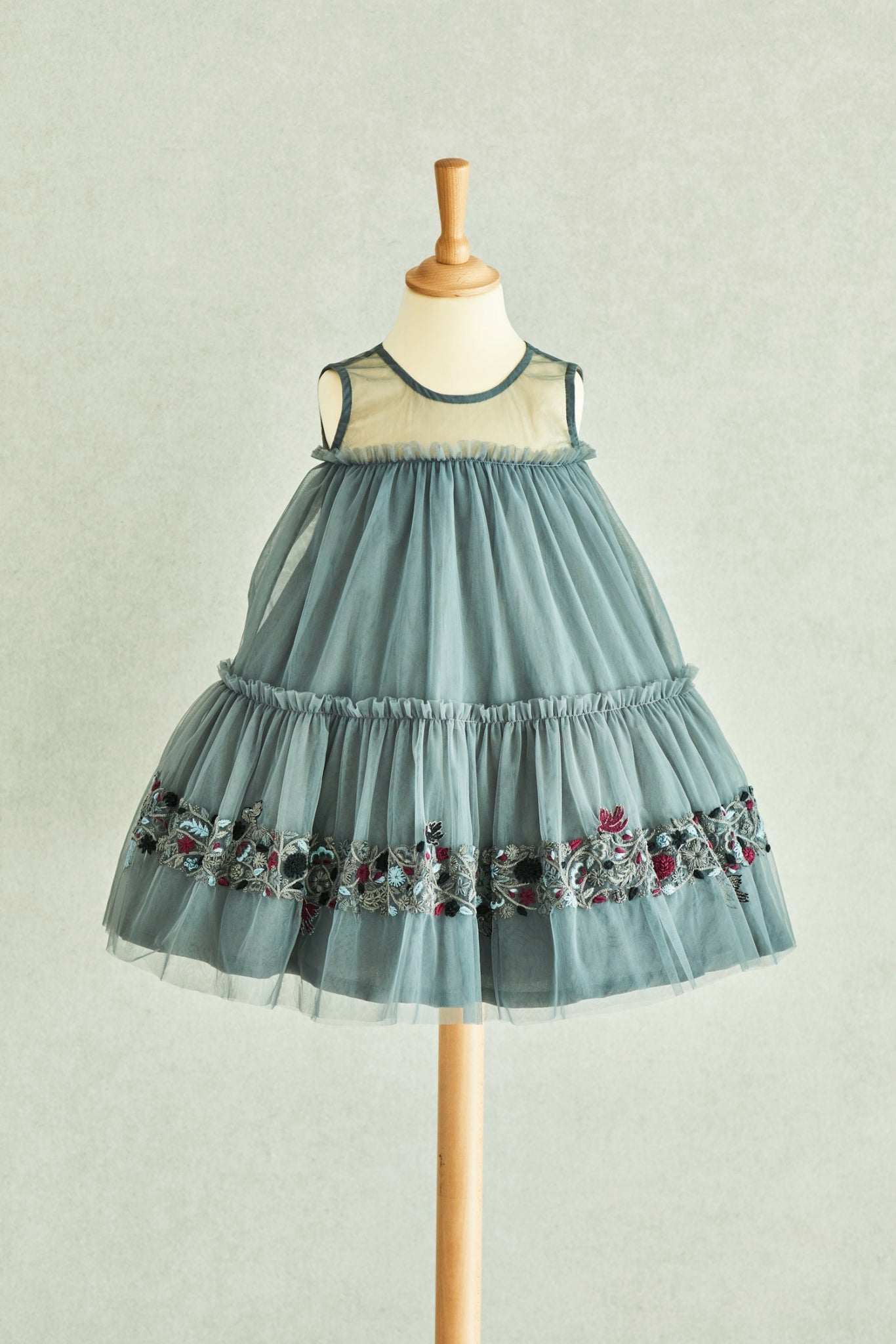 Hand Embroidered Thread Flowers and Birds Tiered Dress