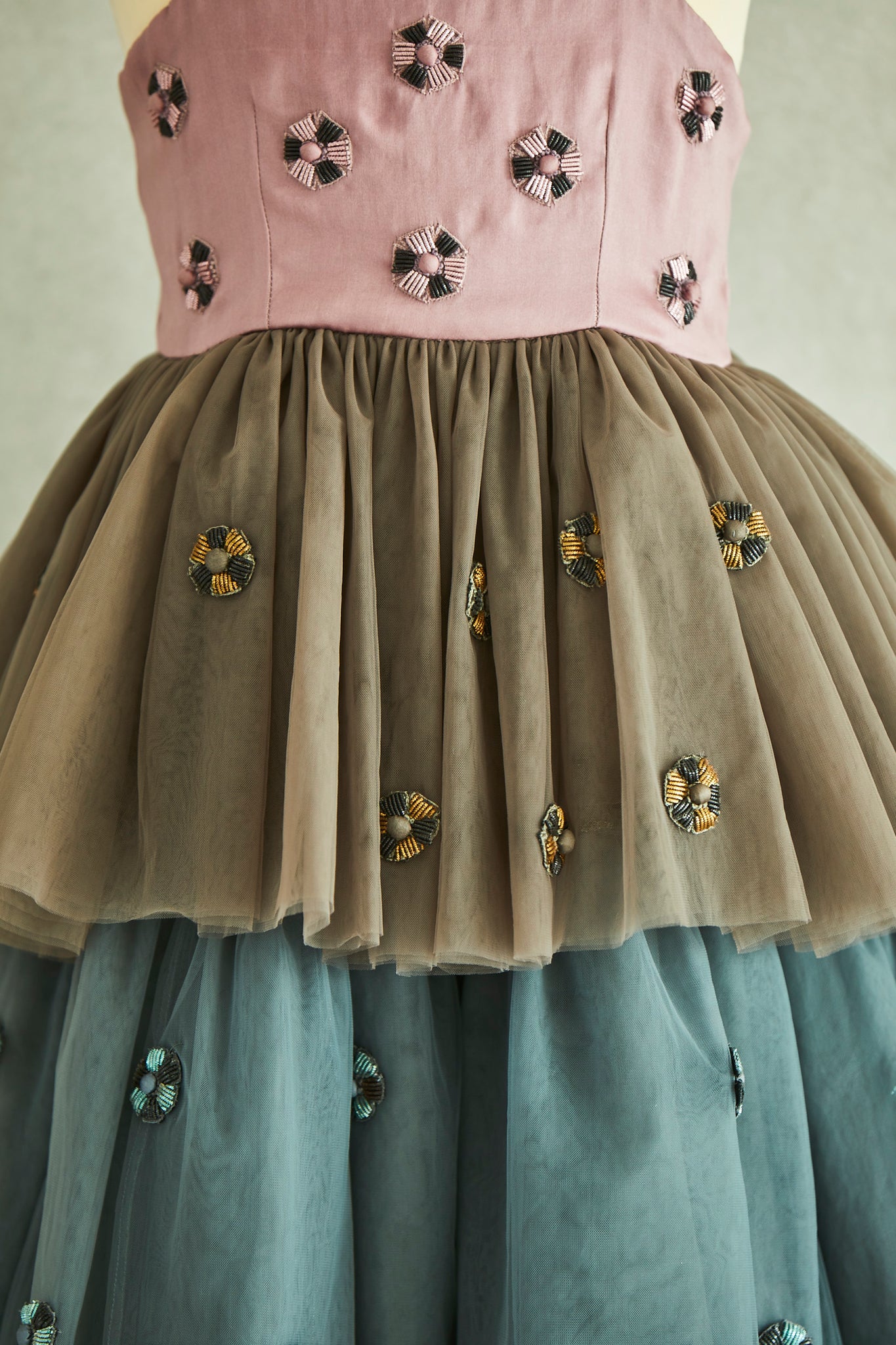 Hand embroidered 6 Petal Flowers Tiered Dress