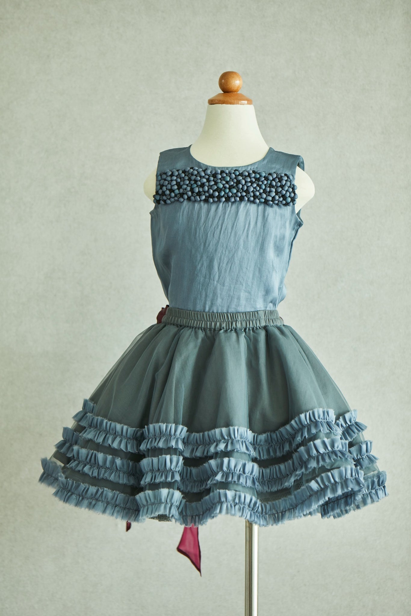 Hand Embroidered Fabric Balls Organza Top & Frilled Skirt Set