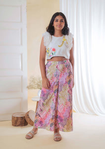 White Floral Embroidered Top With Boho Printed Pant