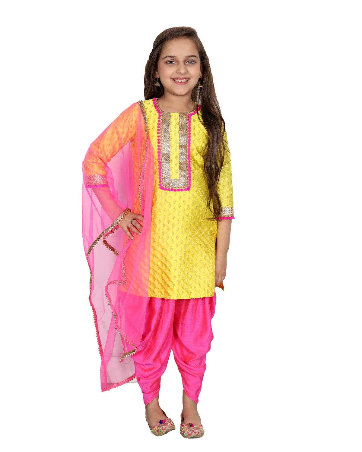 YELLOW KURTI WITH PINK DHOTI SET