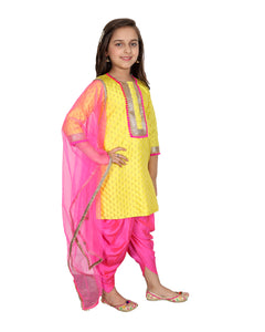 YELLOW KURTI WITH PINK DHOTI SET