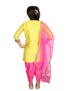 YELLOW KURTI WITH PINK DHOTI SET