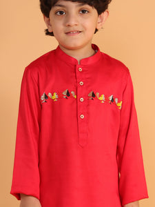 RED KURTA WITH CHEST EMBROIDERY AND SHALWAR