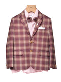 MAROON CHECK SUIT WITH PINK SHIRT AND SAME BOW TIE