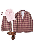 MAROON CHECK SUIT WITH PINK SHIRT AND SAME BOW TIE