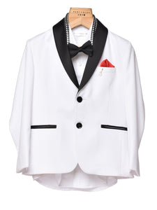 WHITE TUX WITH BLACK COLLAR & SEQUENCE FABRIC STALL