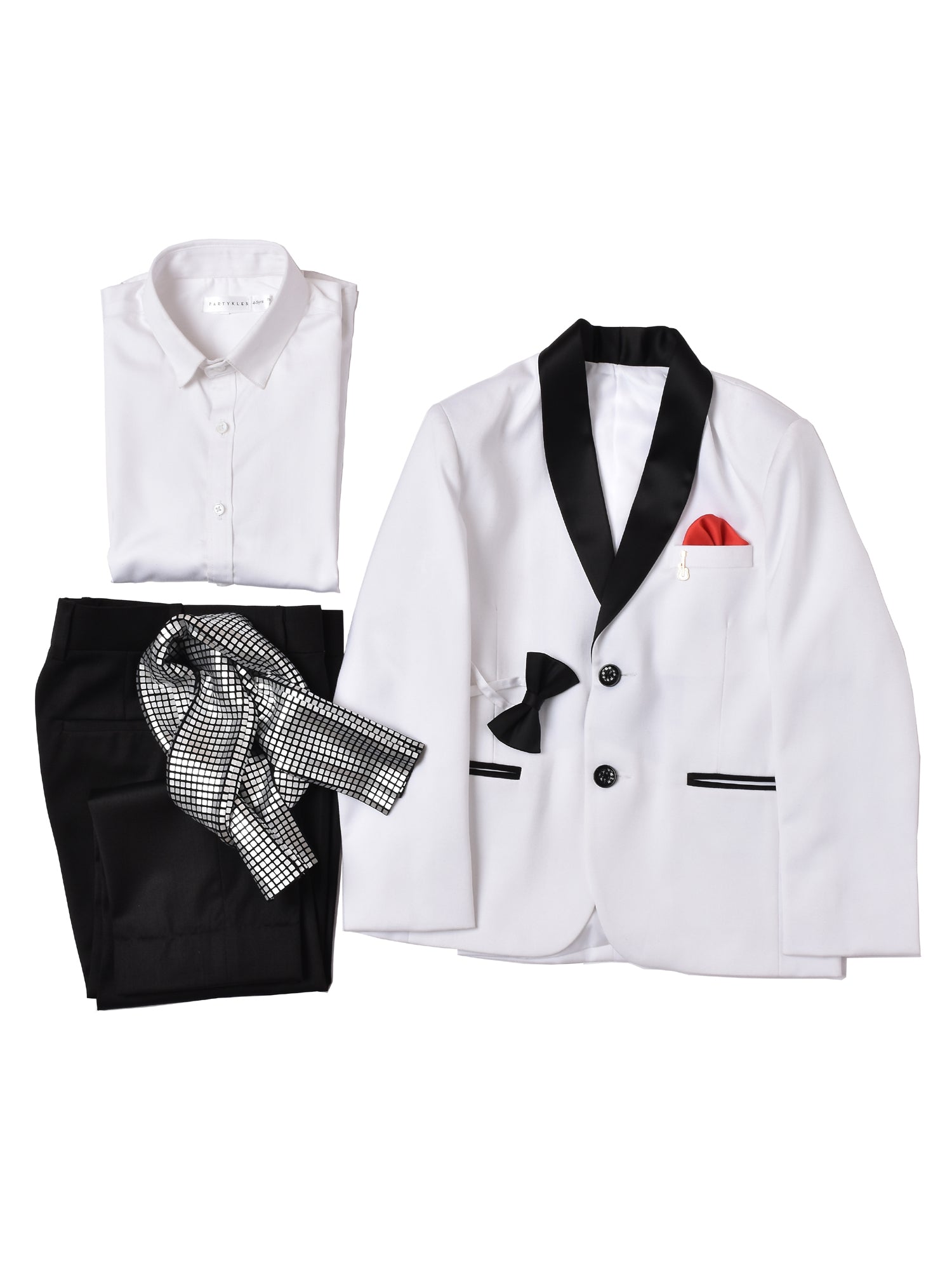 WHITE TUX WITH BLACK COLLAR & SEQUENCE FABRIC STALL