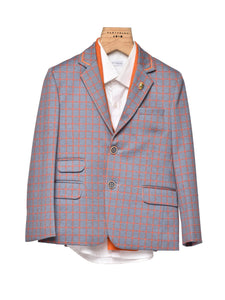 BLUE CHECK SUIT WITH ORANGE DETAILING & ORANGE STOLE