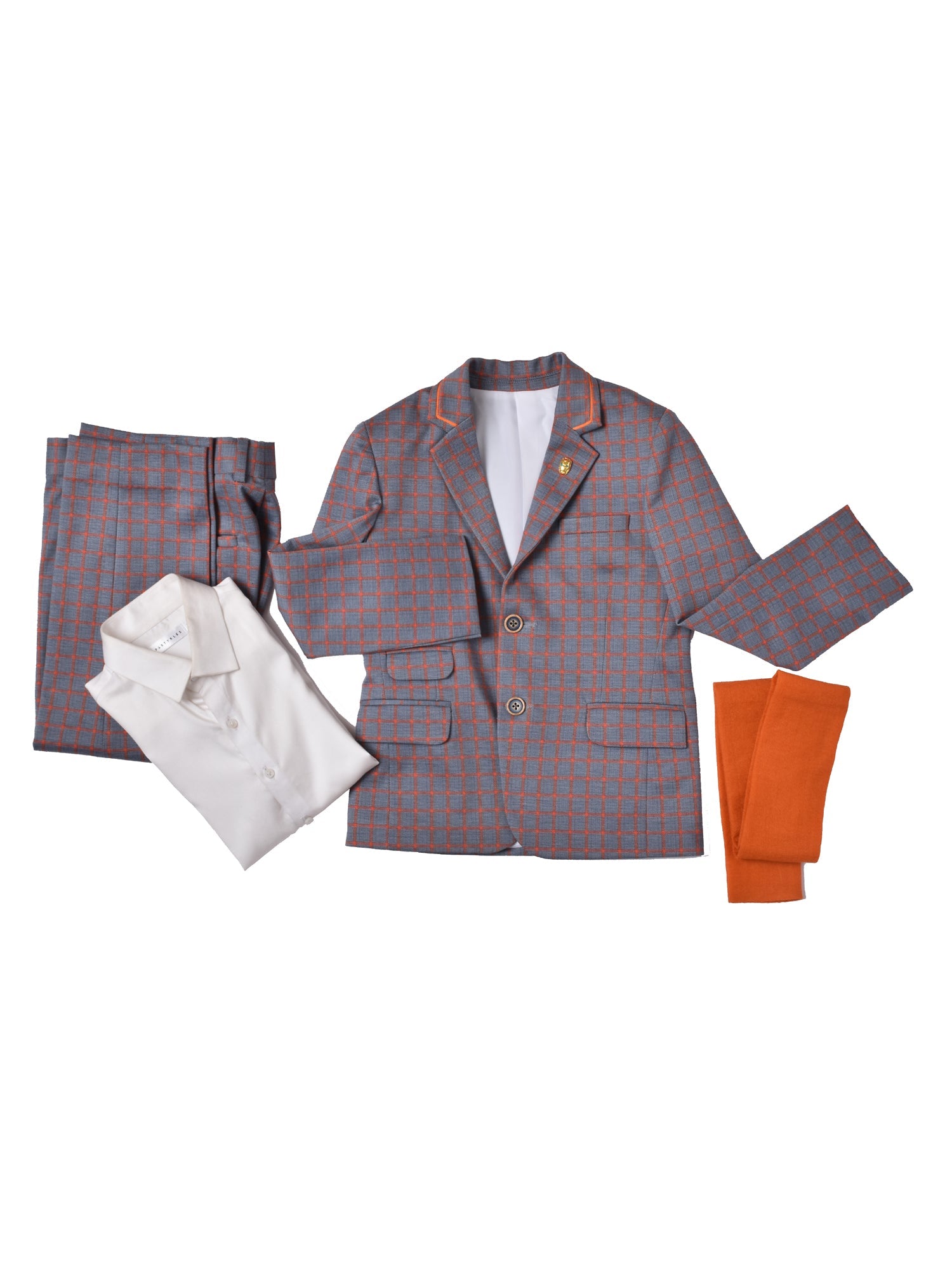 BLUE CHECK SUIT WITH ORANGE DETAILING & ORANGE STOLE