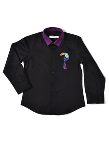 BLACK SHIRT WITH PURPLE COLLAR & EMBROIDERY ON CHEST