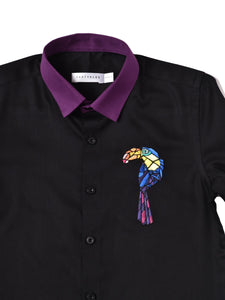 BLACK SHIRT WITH PURPLE COLLAR & EMBROIDERY ON CHEST