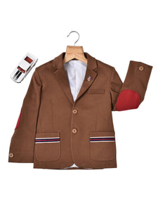 BRONZE BLAZER WITH DETAILING ON POCKETS AND MAROON ELBOW PATCH