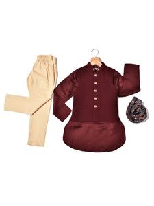 MAROON BANDI SET WITH SAME COLOUR KURTA & PRINTED STOLE