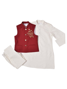 WHITE KURTA WITH RED EMBROIDERED WAIST COAT