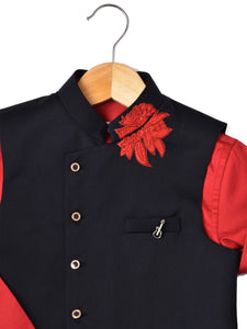 RED KURTA WITH Navy Blue EMBROIDERED WAIST COAT