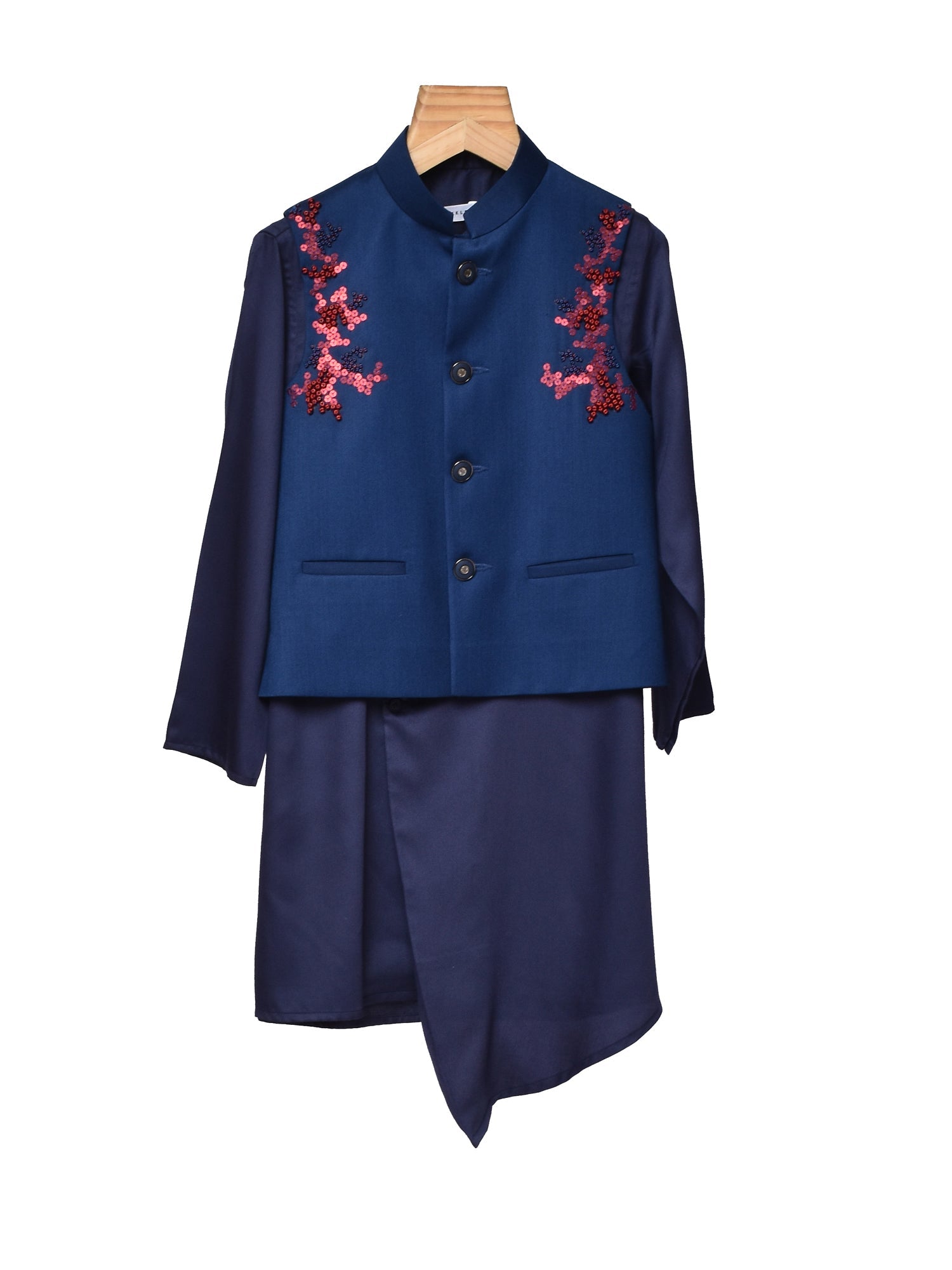 NAVY BLUE KURTA WITH EMBROIDERED WEST COAT