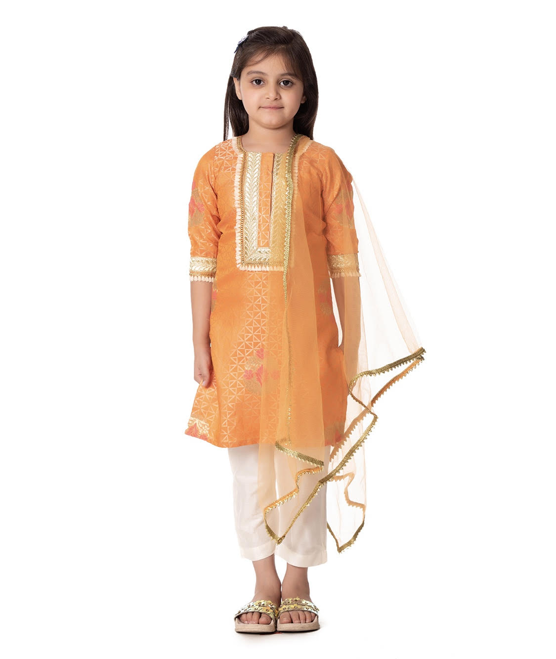 ORANGE SILK KURTI WITH ANKLE LENGTH PANTS