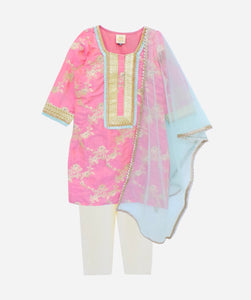 PINK SILK KURTI WITH ANKLE LENGTH PANTS