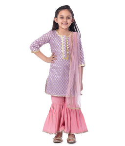 PURPLE CHANDERI KURTA WITH PINK SHARARAS & DUPATTA