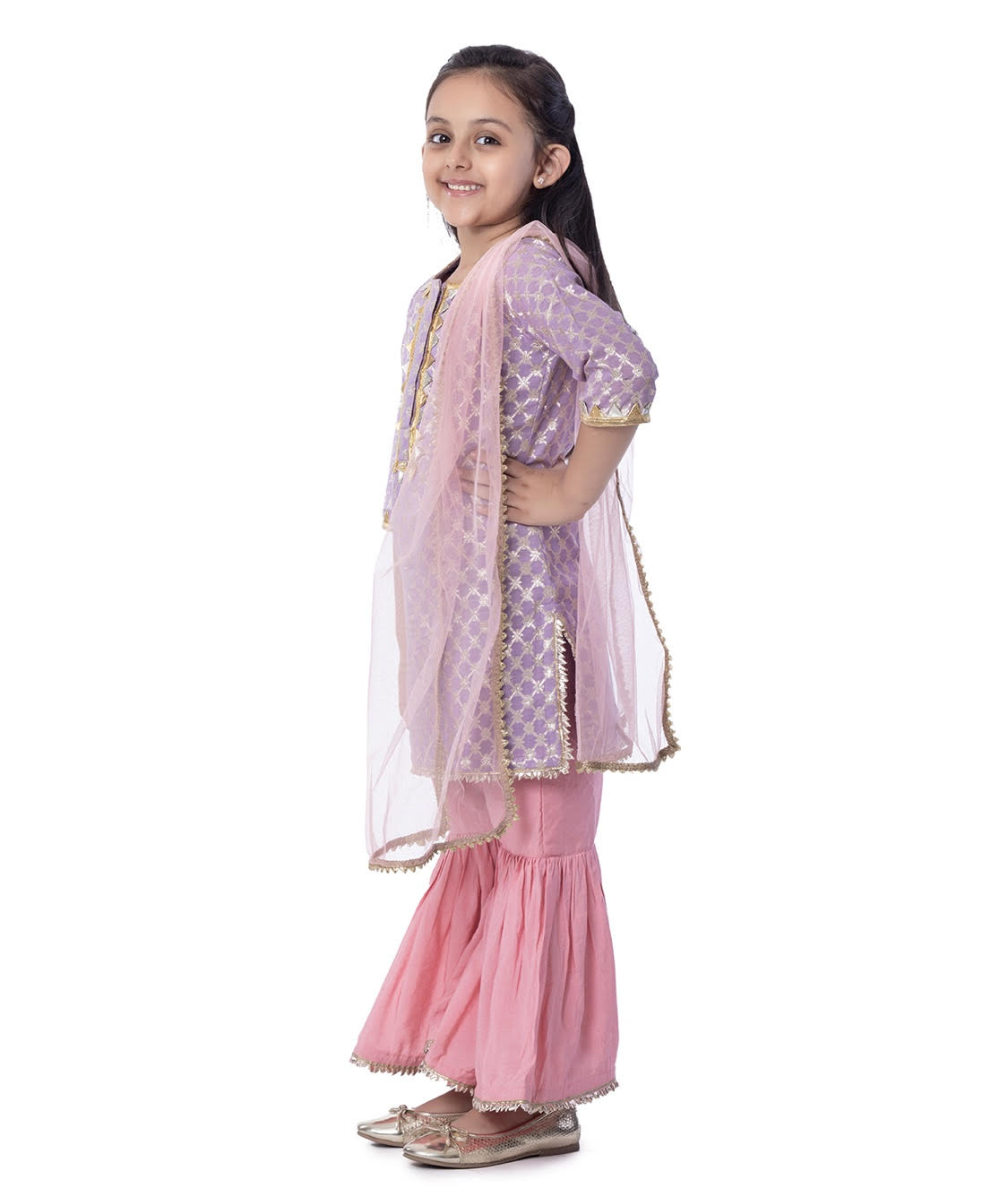 PURPLE CHANDERI KURTA WITH PINK SHARARAS & DUPATTA