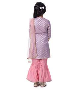 PURPLE CHANDERI KURTA WITH PINK SHARARAS & DUPATTA