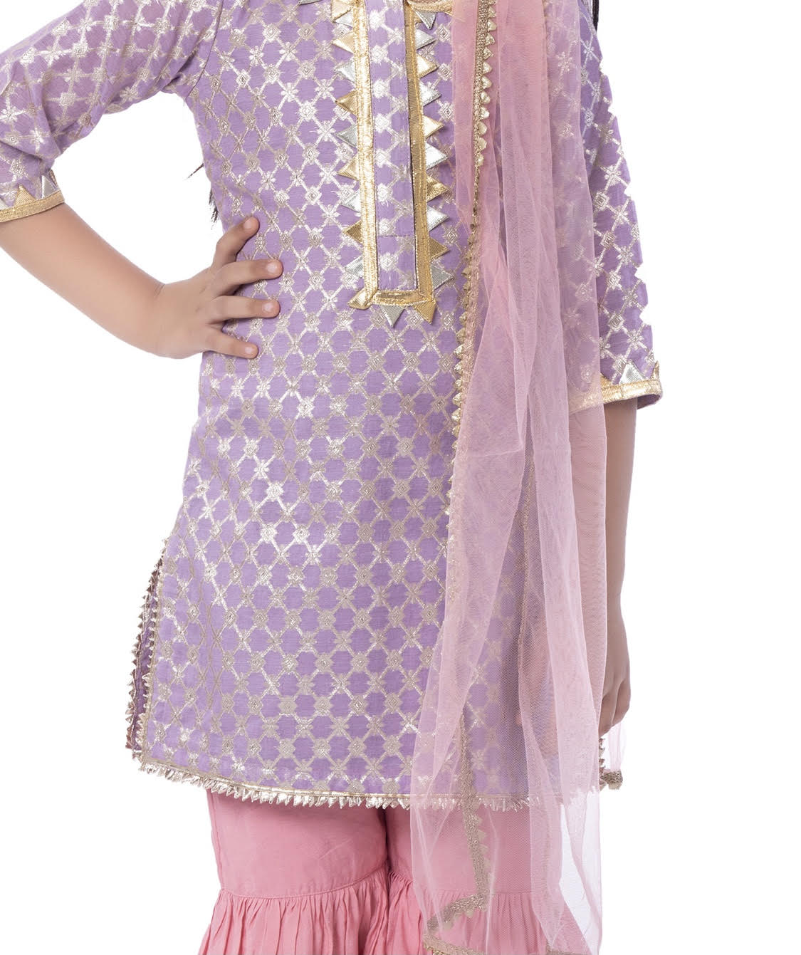 PURPLE CHANDERI KURTA WITH PINK SHARARAS & DUPATTA