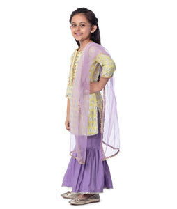 YELLOW KURTI WITH SILVER BUTIS & LILAC SHARARAS