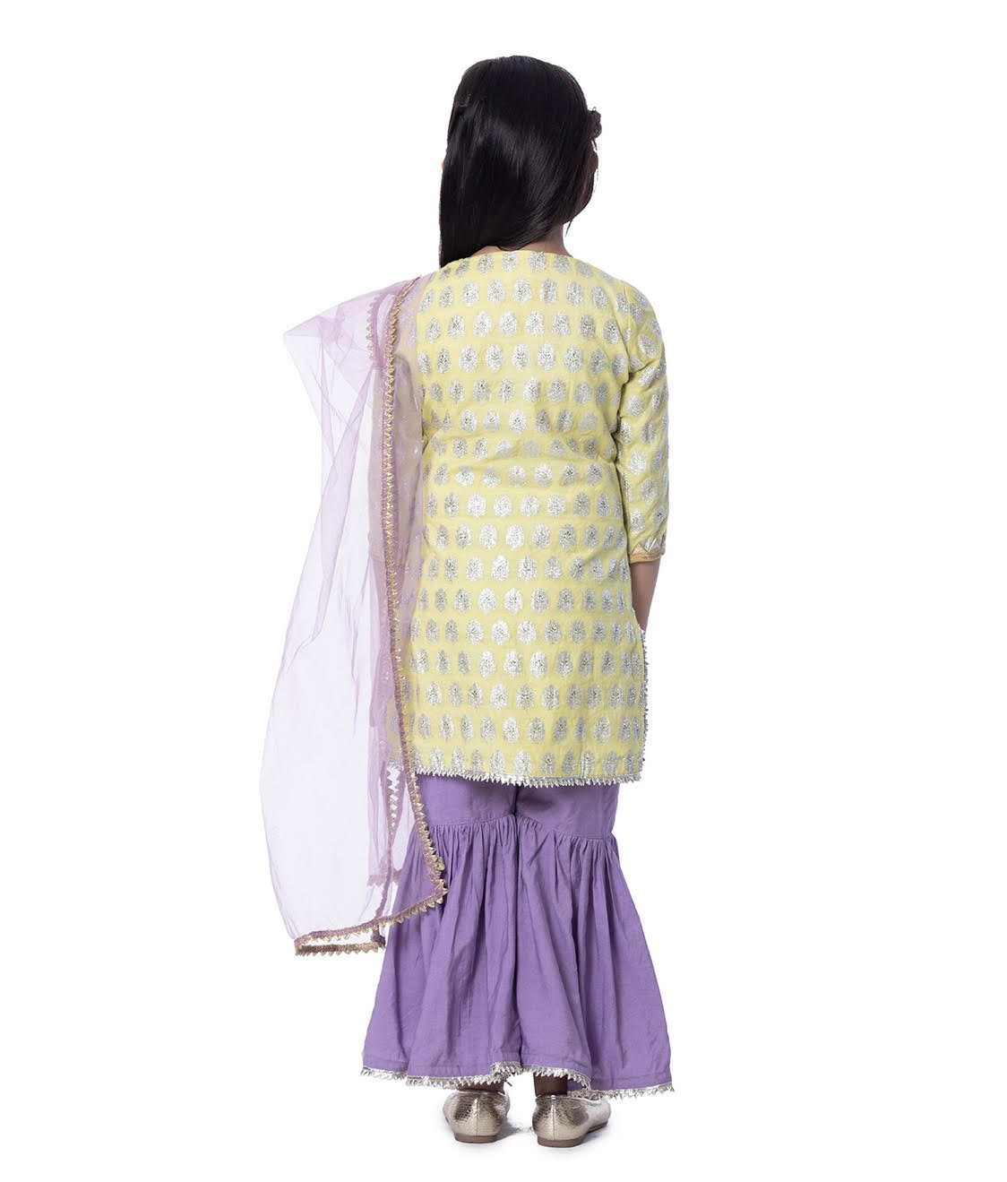 YELLOW KURTI WITH SILVER BUTIS & LILAC SHARARAS