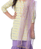 YELLOW KURTI WITH SILVER BUTIS & LILAC SHARARAS