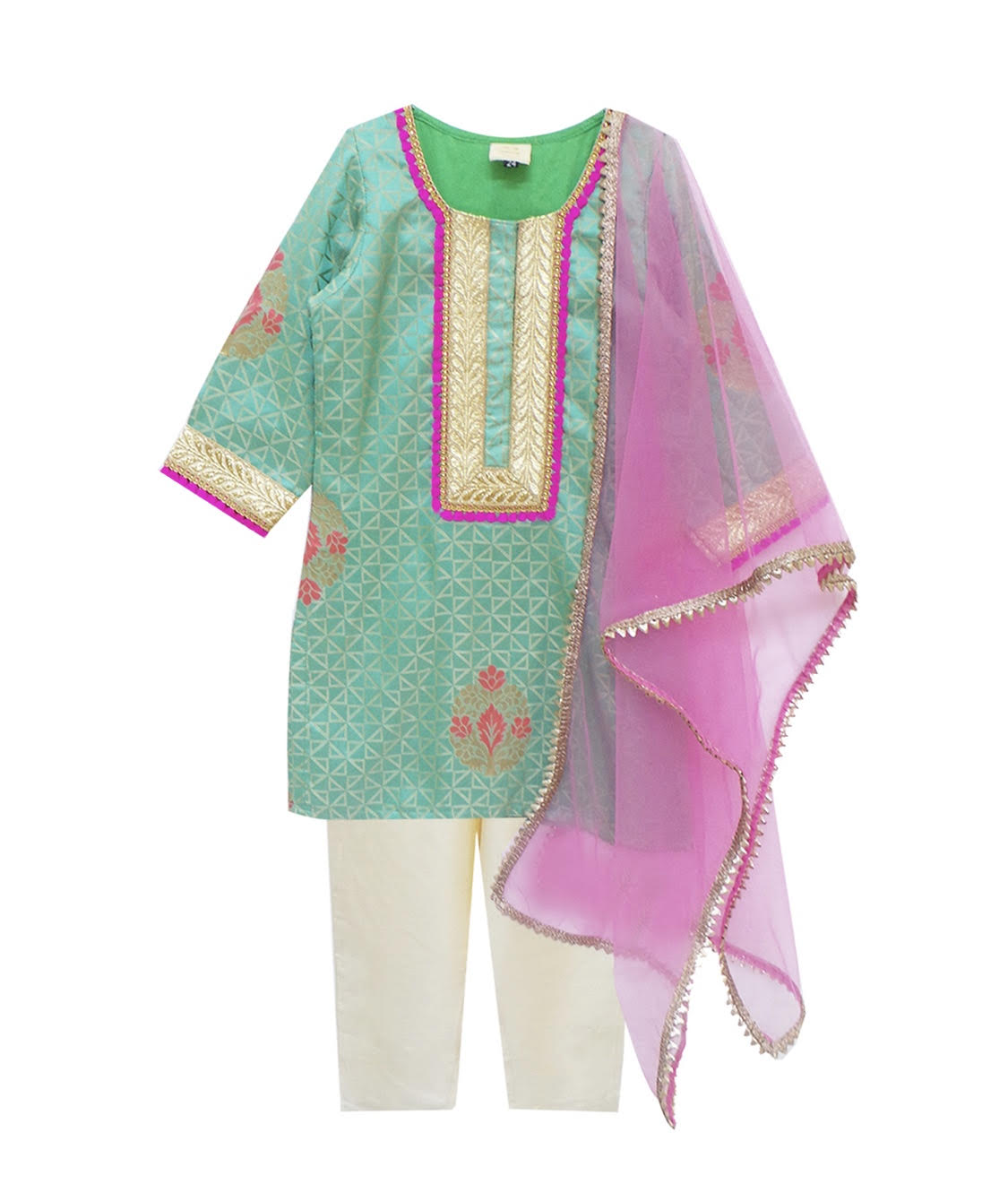 SEA GREEN  SILK KURTI WITH ANKLE LENGTH PANTS